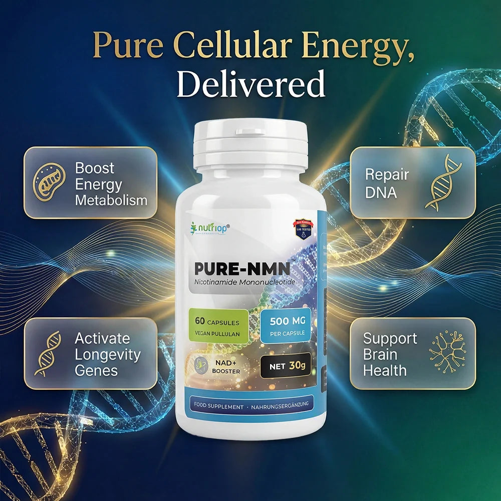 Nutriop Pure-NMN 500mg bottle with 60 capsules, premium dietary supplement for cellular energy — view 3