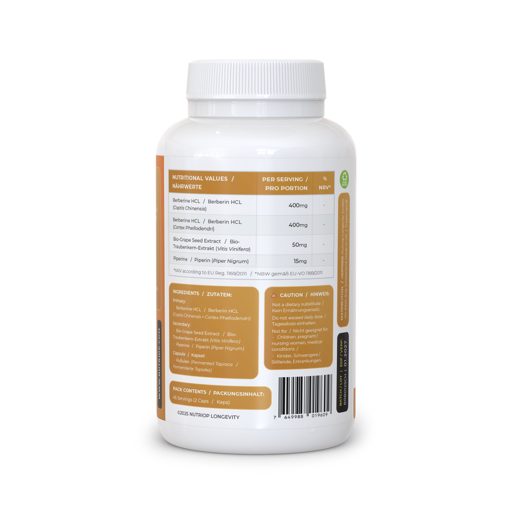 Nutriop Bio-Enhanced Berberine HCL 865mg bottle with vegan capsules for daily metabolic support — view 4