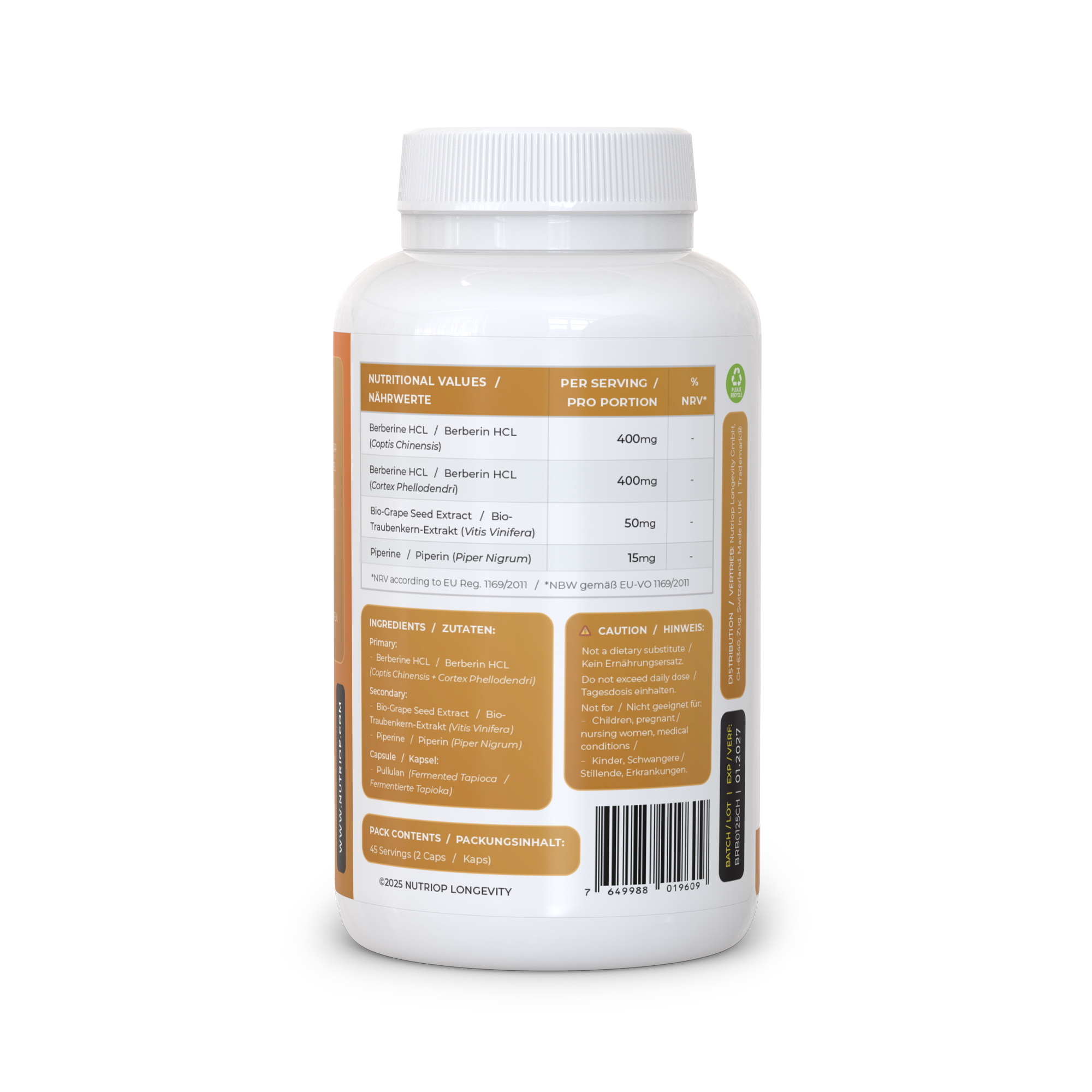 Nutriop Bio-Enhanced Berberine HCL 865mg bottle with vegan capsules for daily metabolic support — view 4