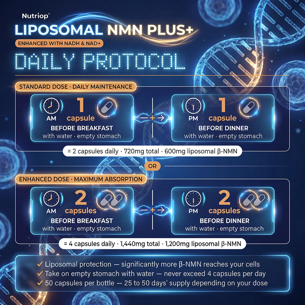 Nutriop Liposomal NMN PLUS+ NAD+ complex supplement bottle featuring 50 vegan capsules for cellular energy — view 4