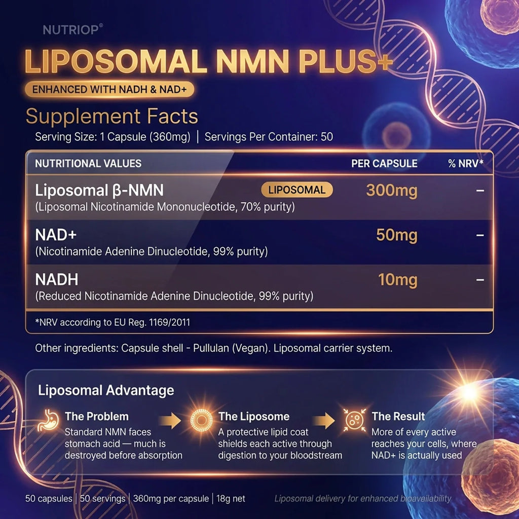 Nutriop Liposomal NMN PLUS+ NAD+ complex supplement bottle featuring 50 vegan capsules for cellular energy — view 3