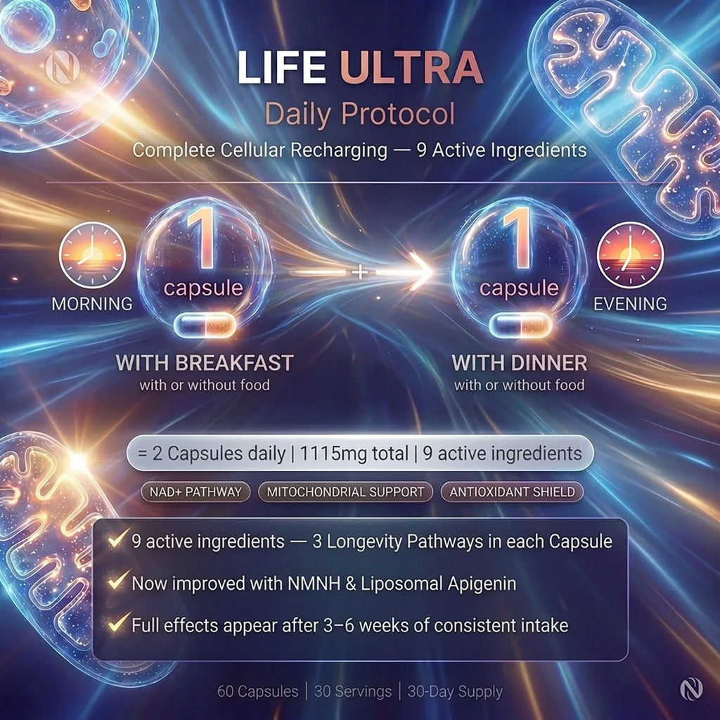 Nutriop Life ULTRA cellular longevity supplement bottle with vegan pullulan capsules for daily health — view 4