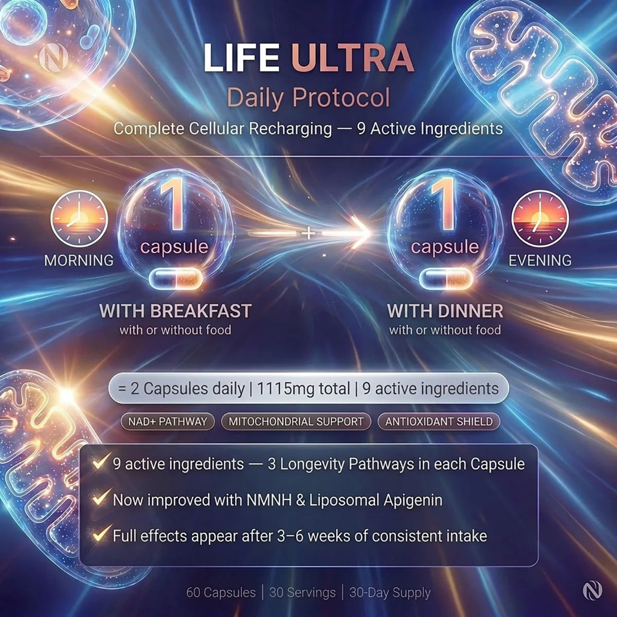 Nutriop Life ULTRA cellular longevity supplement bottle with vegan pullulan capsules for daily health — view 4