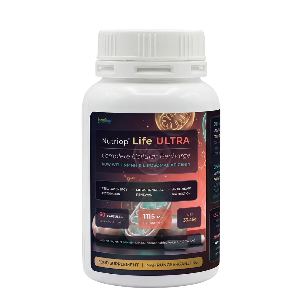 Nutriop Life ULTRA cellular longevity supplement bottle with vegan pullulan capsules for daily health