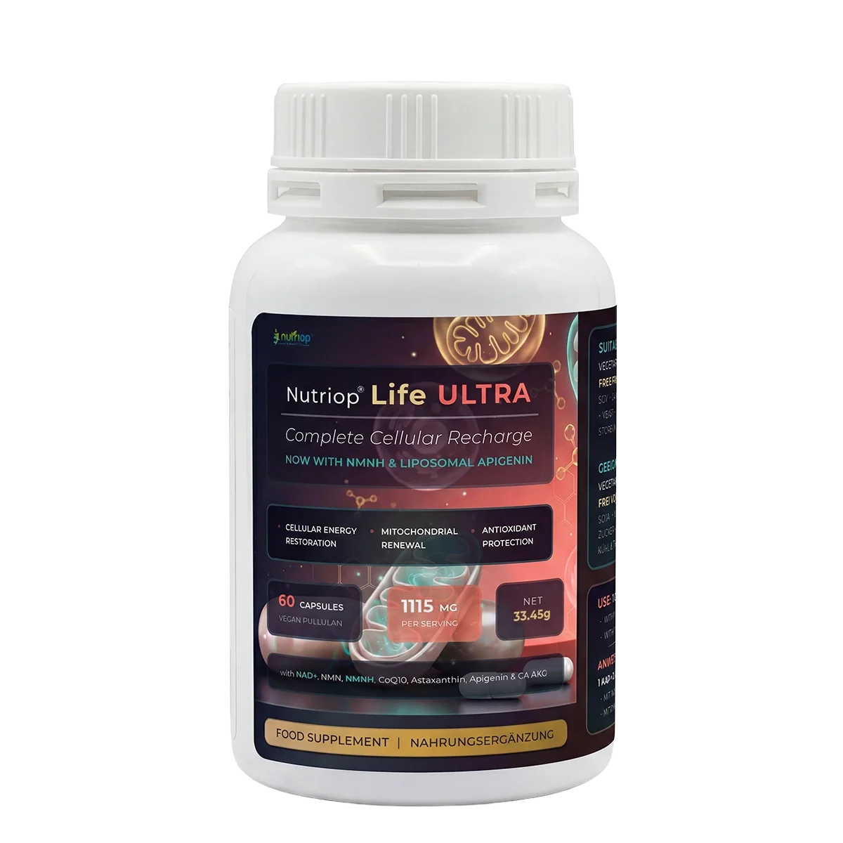 Nutriop Life ULTRA cellular longevity supplement bottle with vegan pullulan capsules for daily health