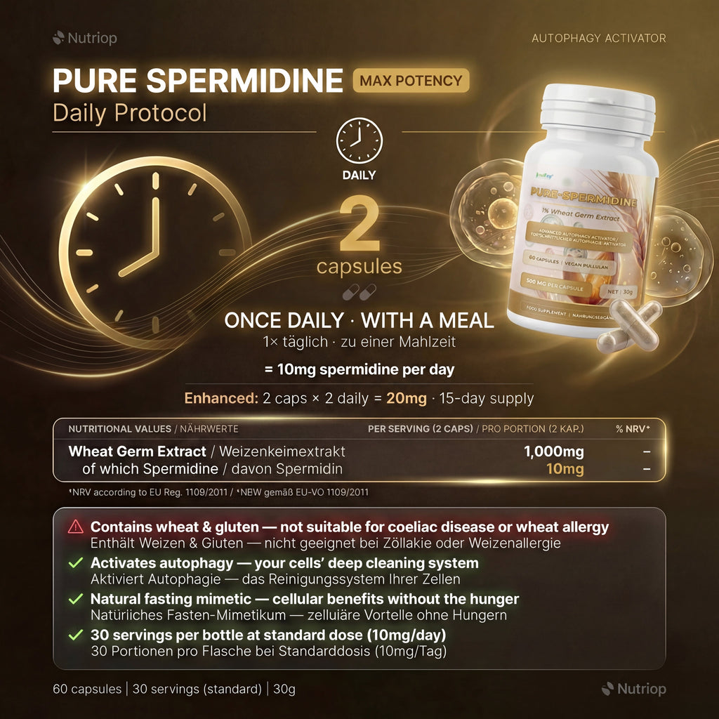 Bottle of Nutriop Pure Spermidine 10mg vegan capsules for advanced cellular longevity and autophagy support — view 3
