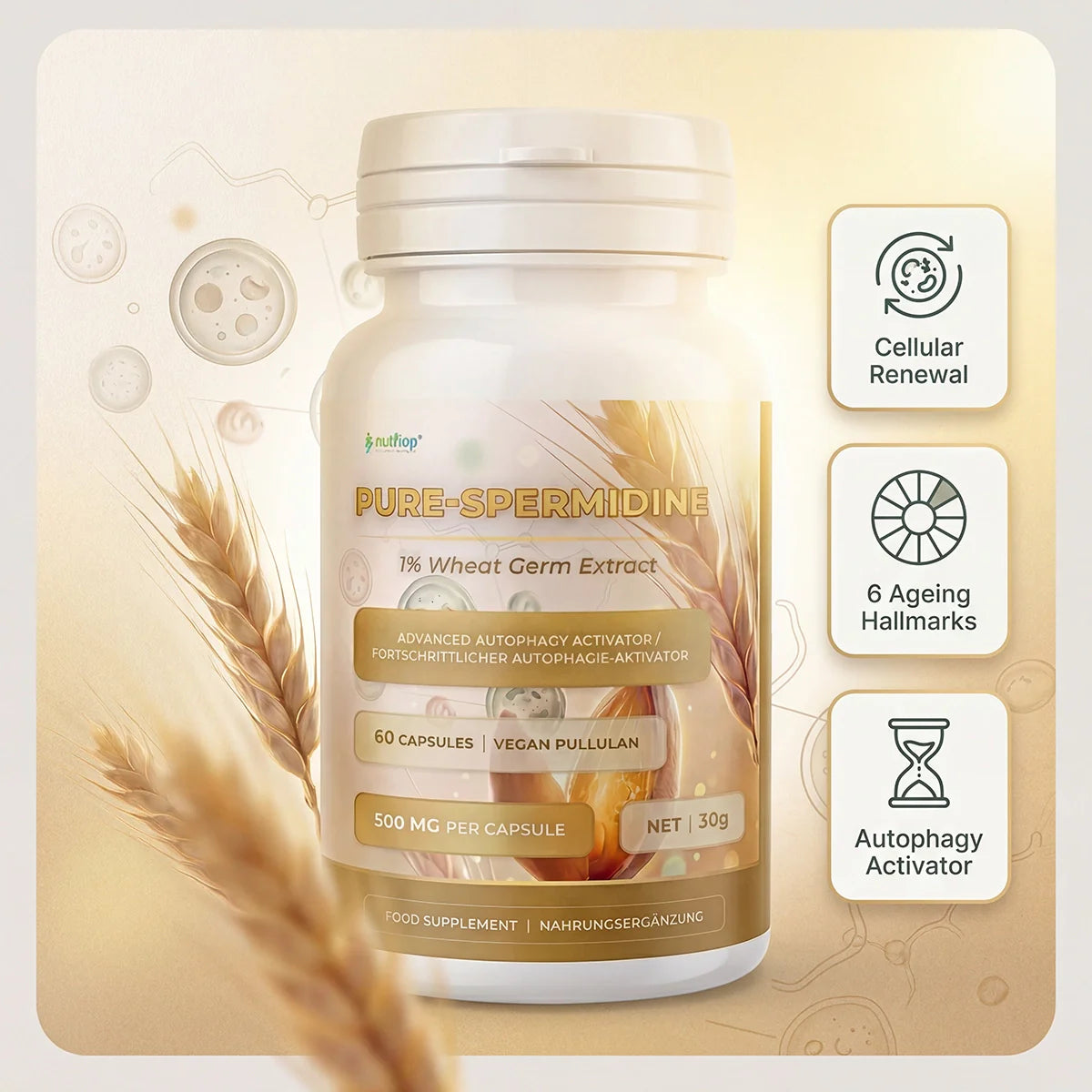 Bottle of Nutriop Pure Spermidine 10mg vegan capsules for advanced cellular longevity and autophagy support — view 4