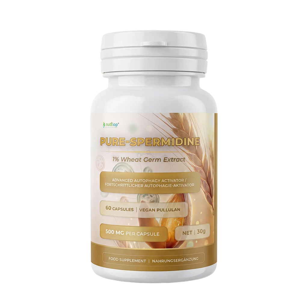 Bottle of Nutriop Pure Spermidine 10mg vegan capsules for advanced cellular longevity and autophagy support