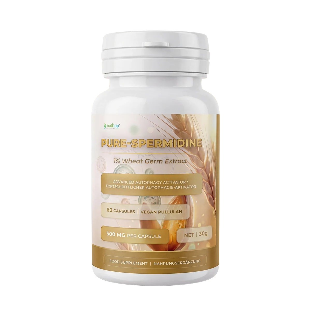Bottle of Nutriop Pure Spermidine 10mg vegan capsules for advanced cellular longevity and autophagy support