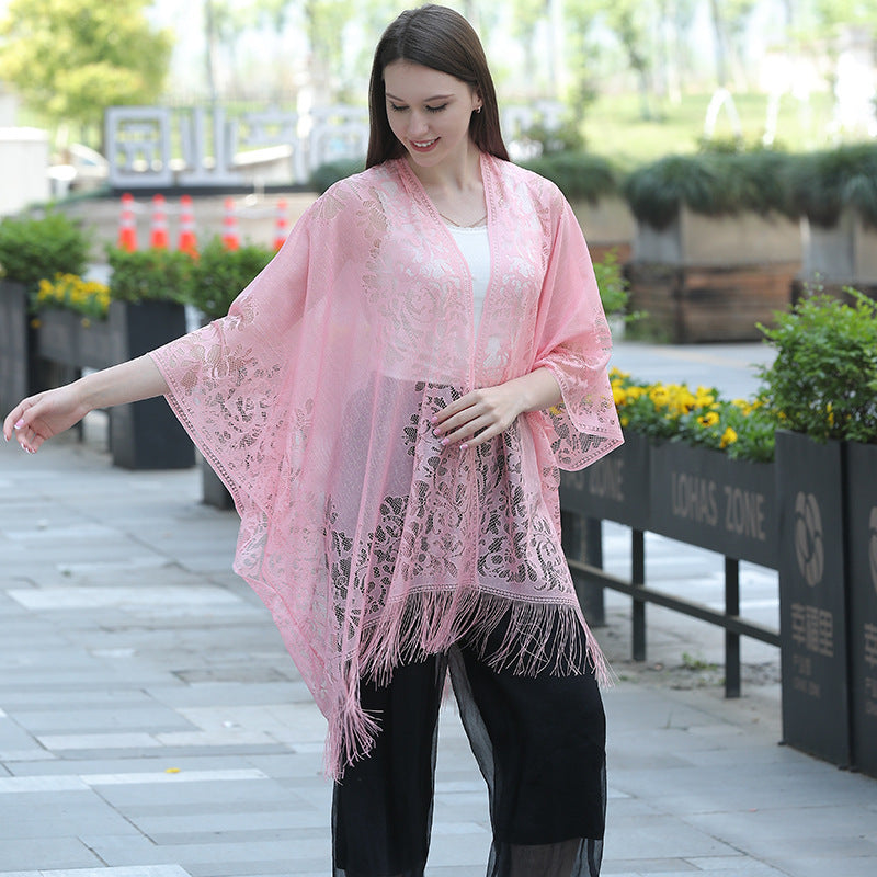 Elegant oversized lace fringed shawl wrap for women perfect for evening wear and beach vacations — view 4