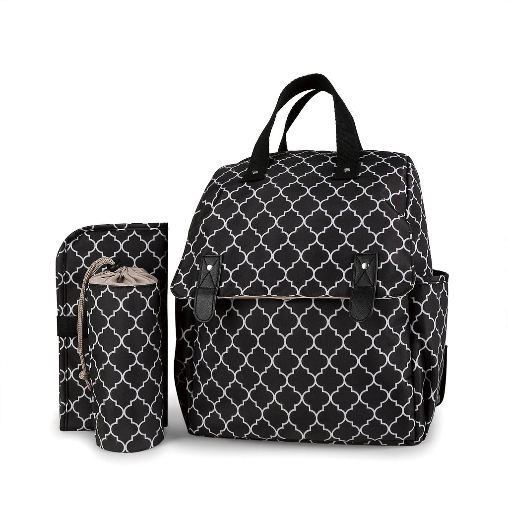 Striped convertible diaper bag backpack with matching separate bottle holder and portable baby changing pad