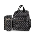 Striped convertible diaper bag backpack with matching separate bottle holder and portable baby changing pad