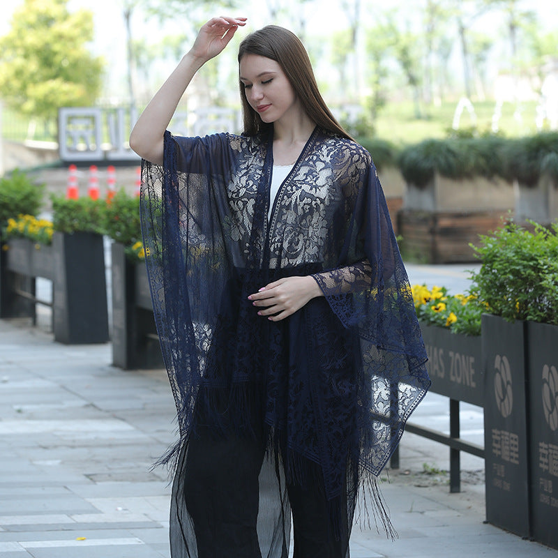Elegant oversized lace fringed shawl wrap for women perfect for evening wear and beach vacations — view 3