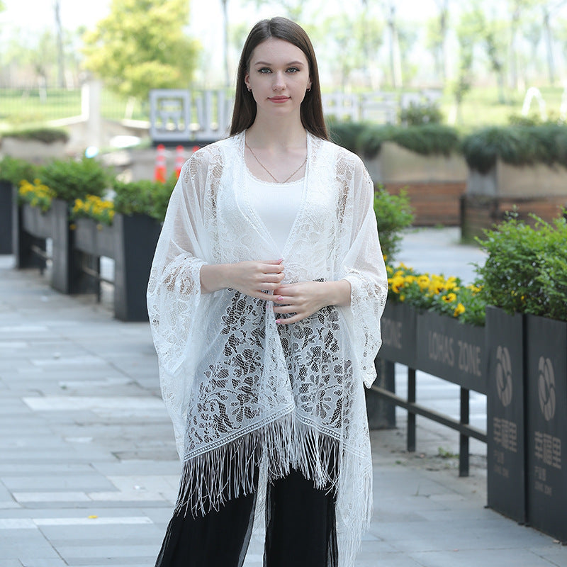 Elegant oversized lace fringed shawl wrap for women perfect for evening wear and beach vacations — view 2