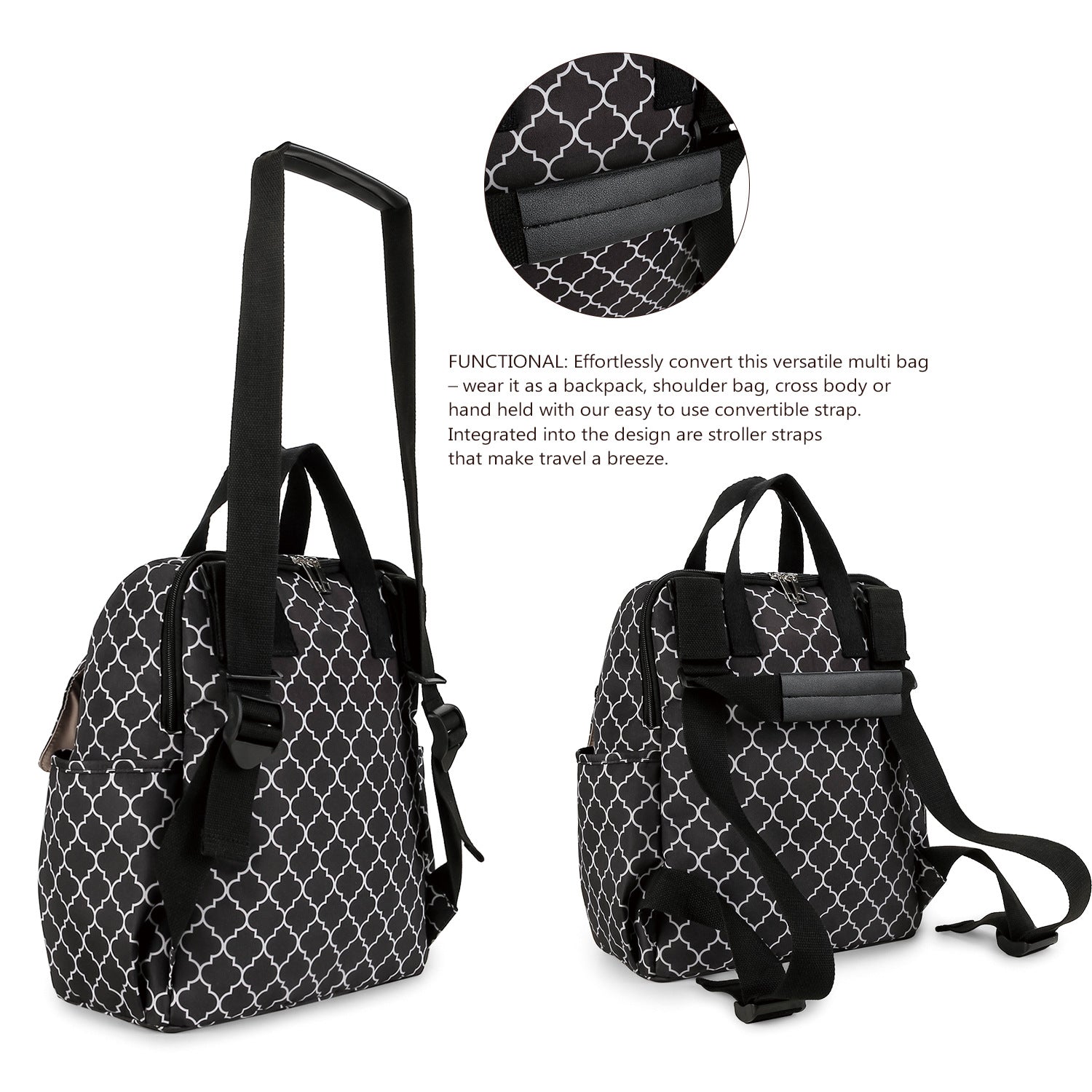Striped convertible diaper bag backpack with matching separate bottle holder and portable baby changing pad — view 5