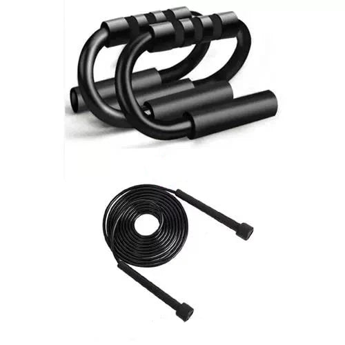 Black ergonomic push-up stands and adjustable sports skipping rope with comfortable foam grips