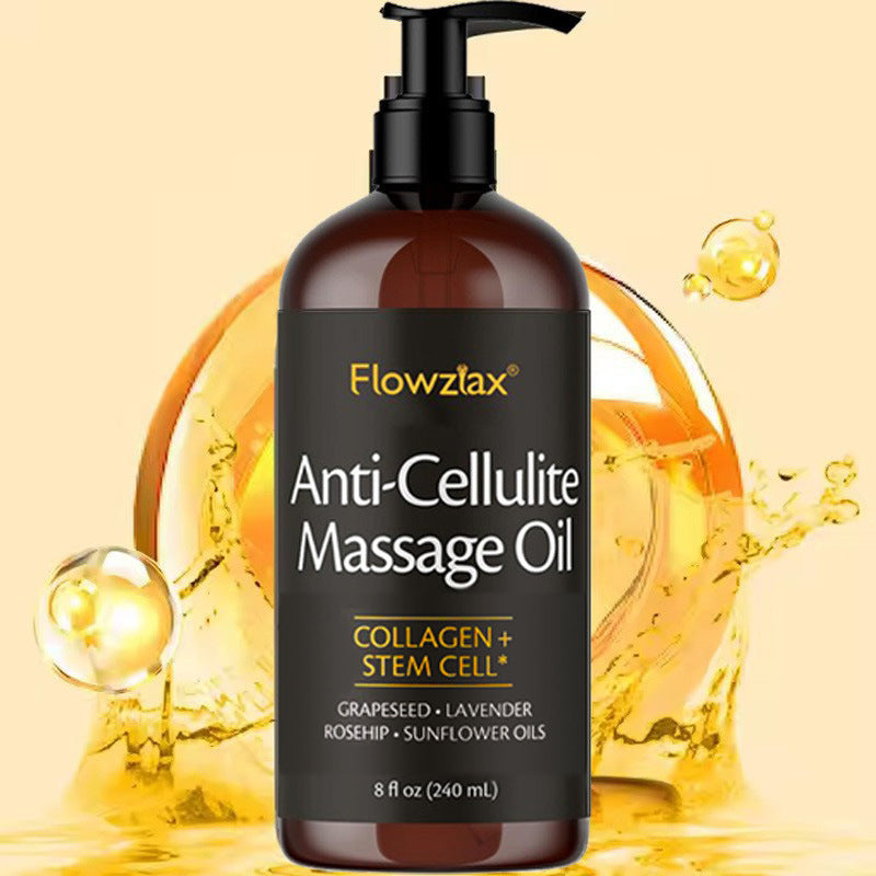 Bottle of fragranced body massage essential oil for anti-cellulite firming and deep hydration