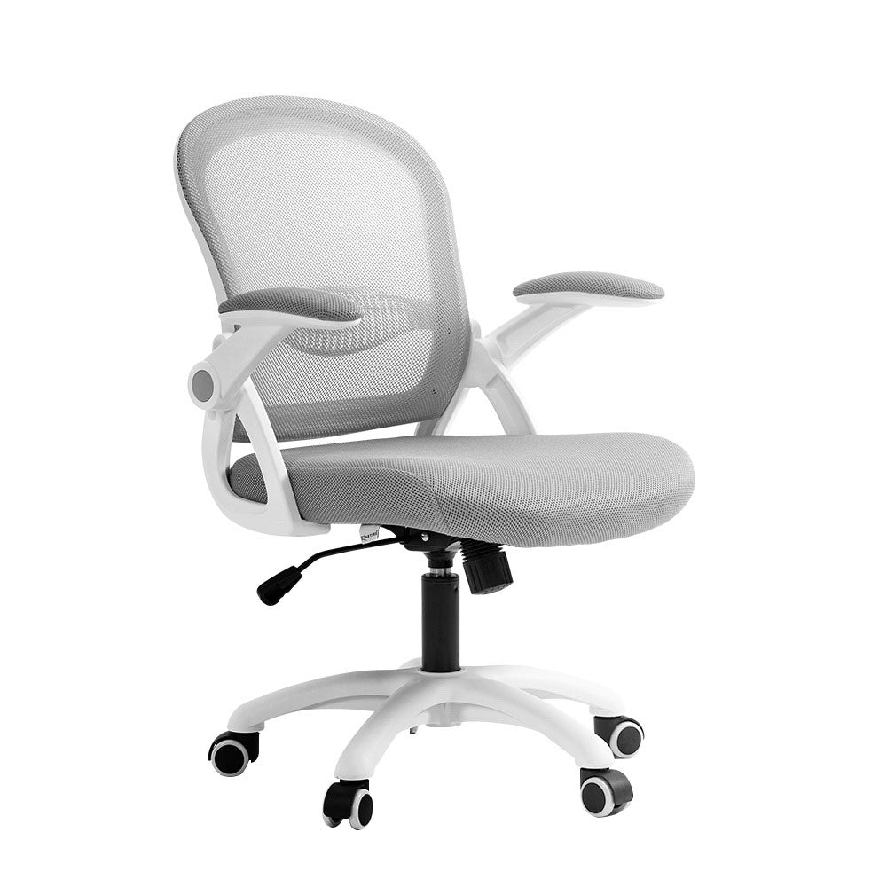 Grey and white Artiss mid back mesh office chair with flip-up armrests and castor wheels