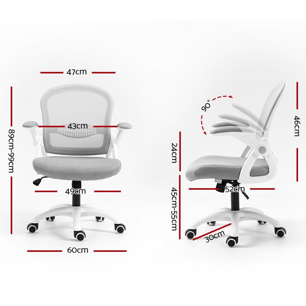 Grey and white Artiss mid back mesh office chair with flip-up armrests and castor wheels — view 2