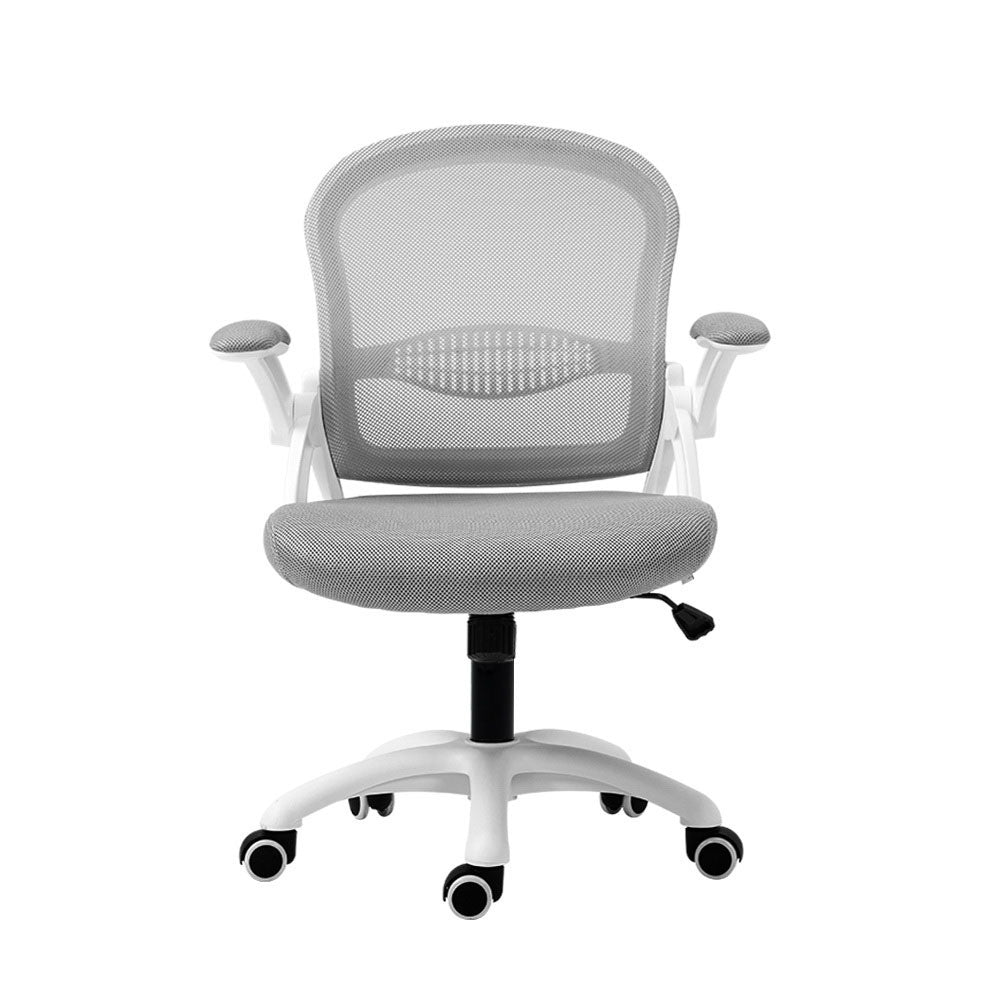 Grey and white Artiss mid back mesh office chair with flip-up armrests and castor wheels — view 3