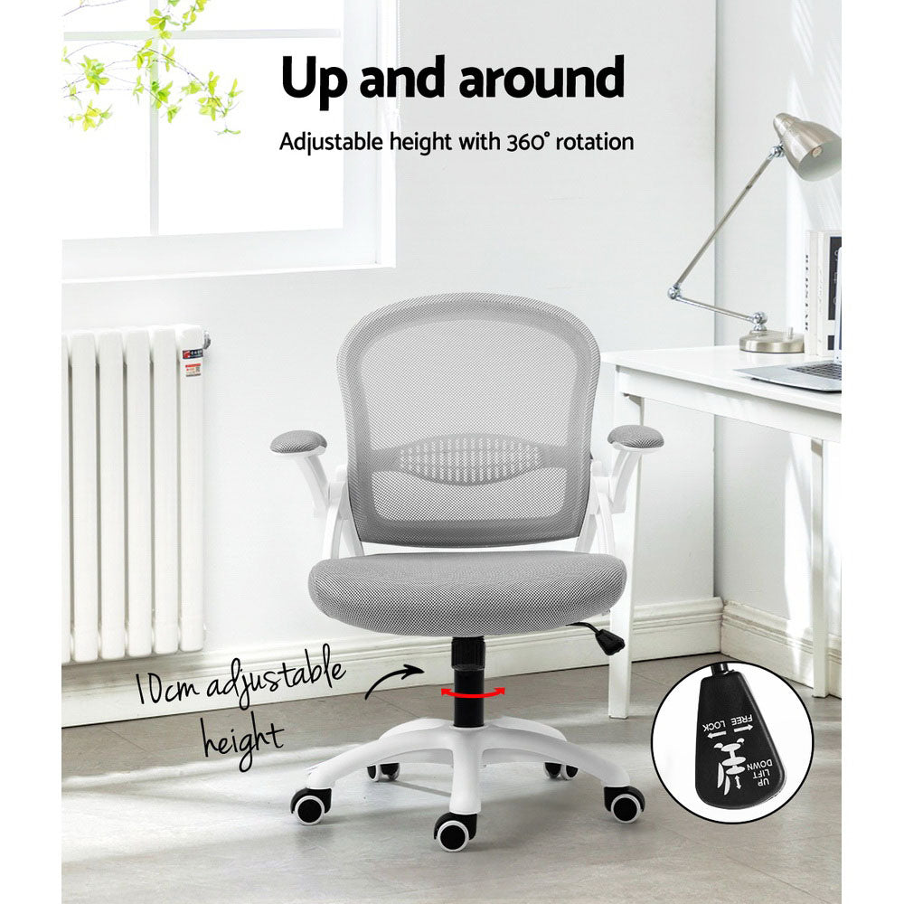 Grey and white Artiss mid back mesh office chair with flip-up armrests and castor wheels — view 4