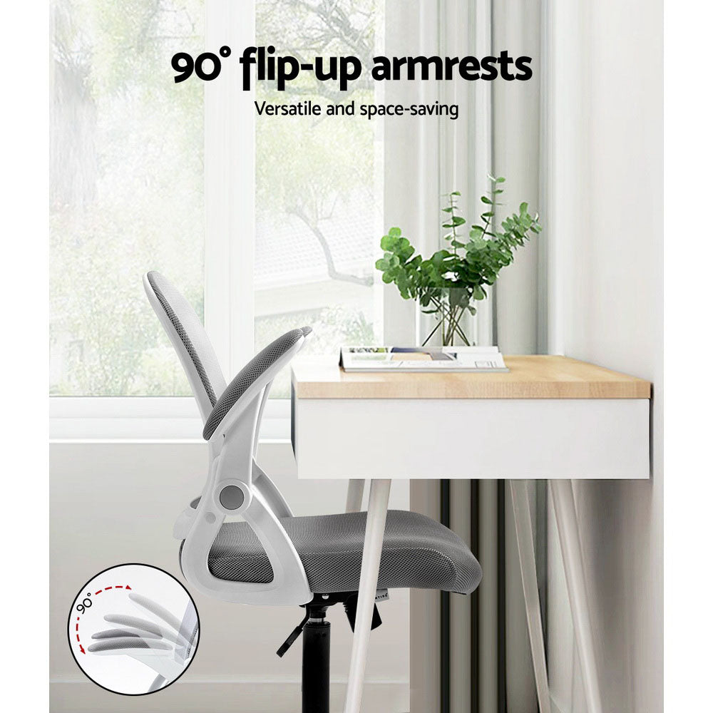 Grey and white Artiss mid back mesh office chair with flip-up armrests and castor wheels — view 5