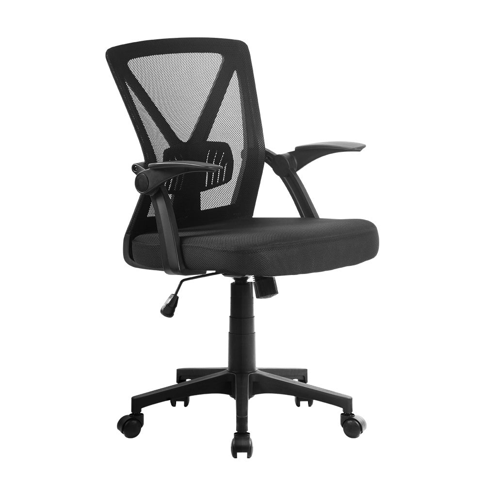 Black mid back ergonomic mesh office chair with flip-up armrests and smooth rolling castors