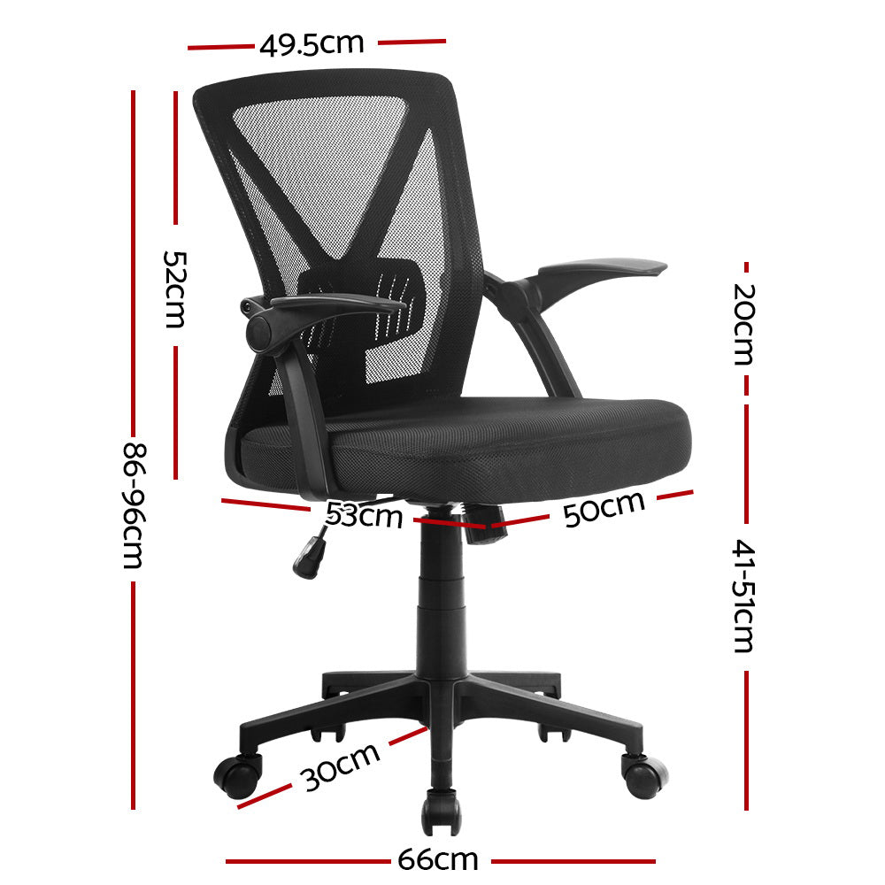 Black mid back ergonomic mesh office chair with flip-up armrests and smooth rolling castors — view 2