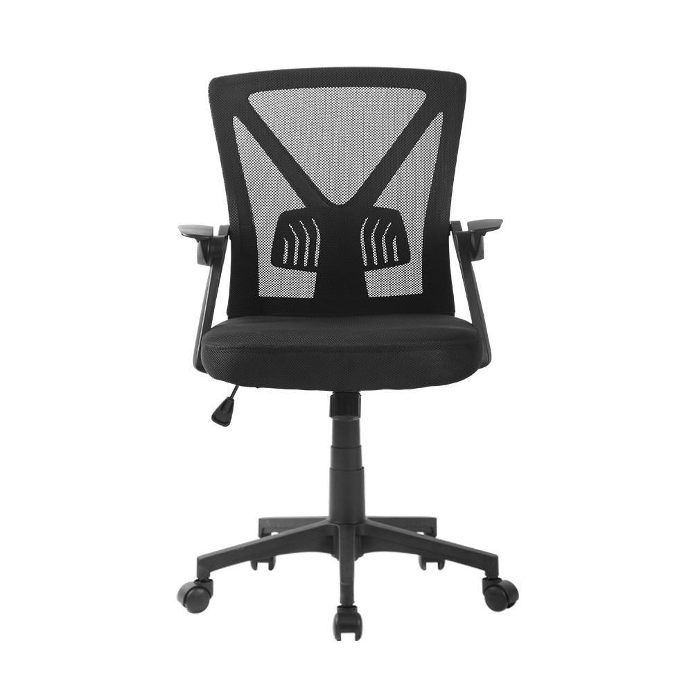 Black mid back ergonomic mesh office chair with flip-up armrests and smooth rolling castors — view 3