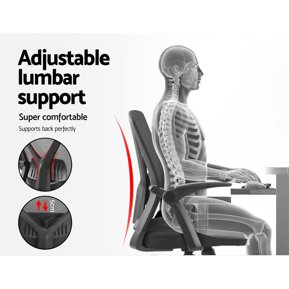 Black mid back ergonomic mesh office chair with flip-up armrests and smooth rolling castors — view 4