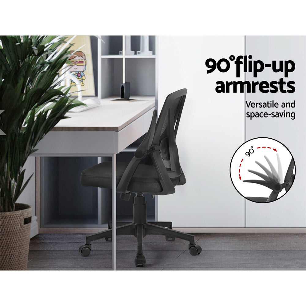 Black mid back ergonomic mesh office chair with flip-up armrests and smooth rolling castors — view 5