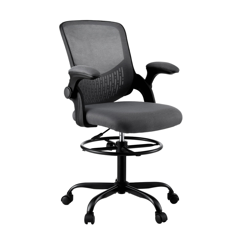 Grey mesh ergonomic drafting chair with adjustable footrest armrests and chrome swivel base