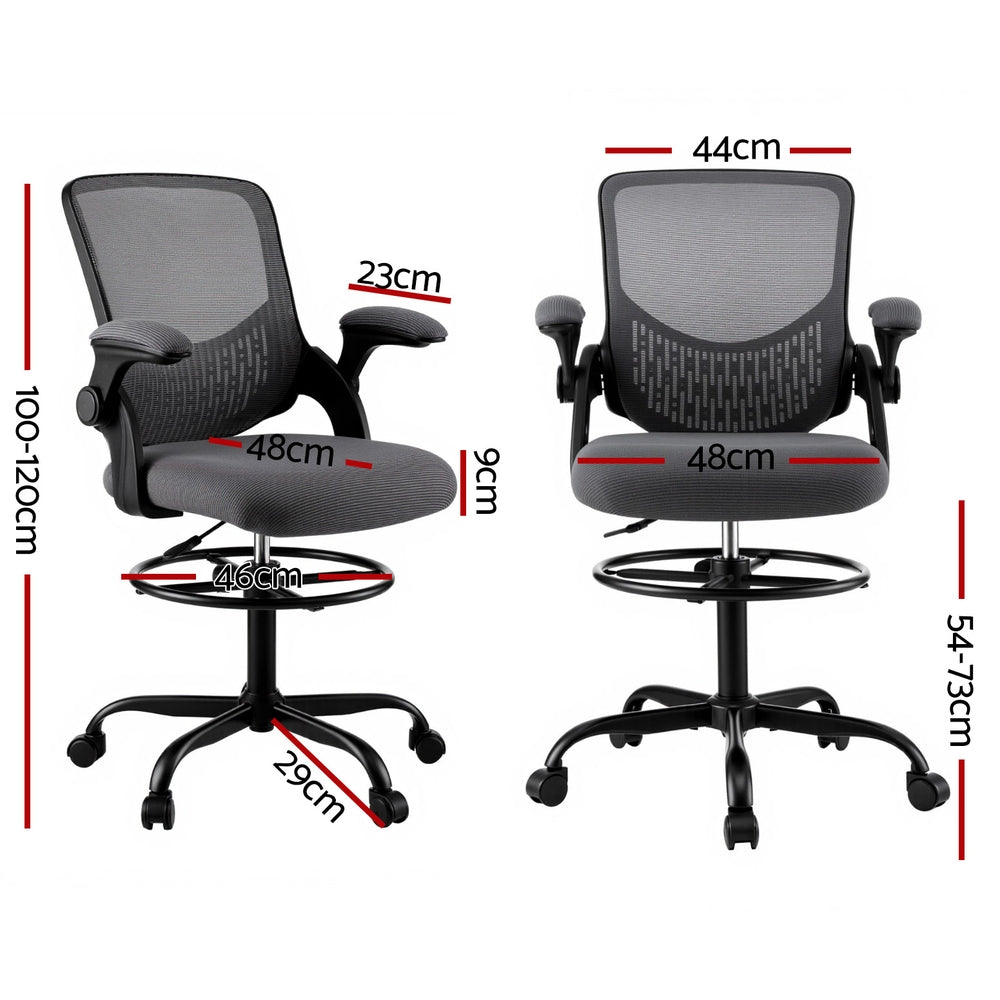 Grey mesh ergonomic drafting chair with adjustable footrest armrests and chrome swivel base — view 2