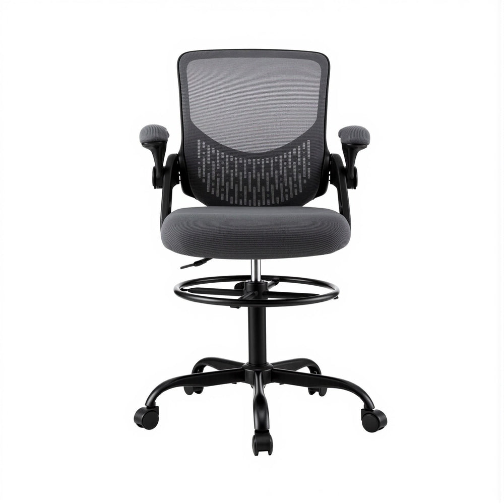 Grey mesh ergonomic drafting chair with adjustable footrest armrests and chrome swivel base — view 3