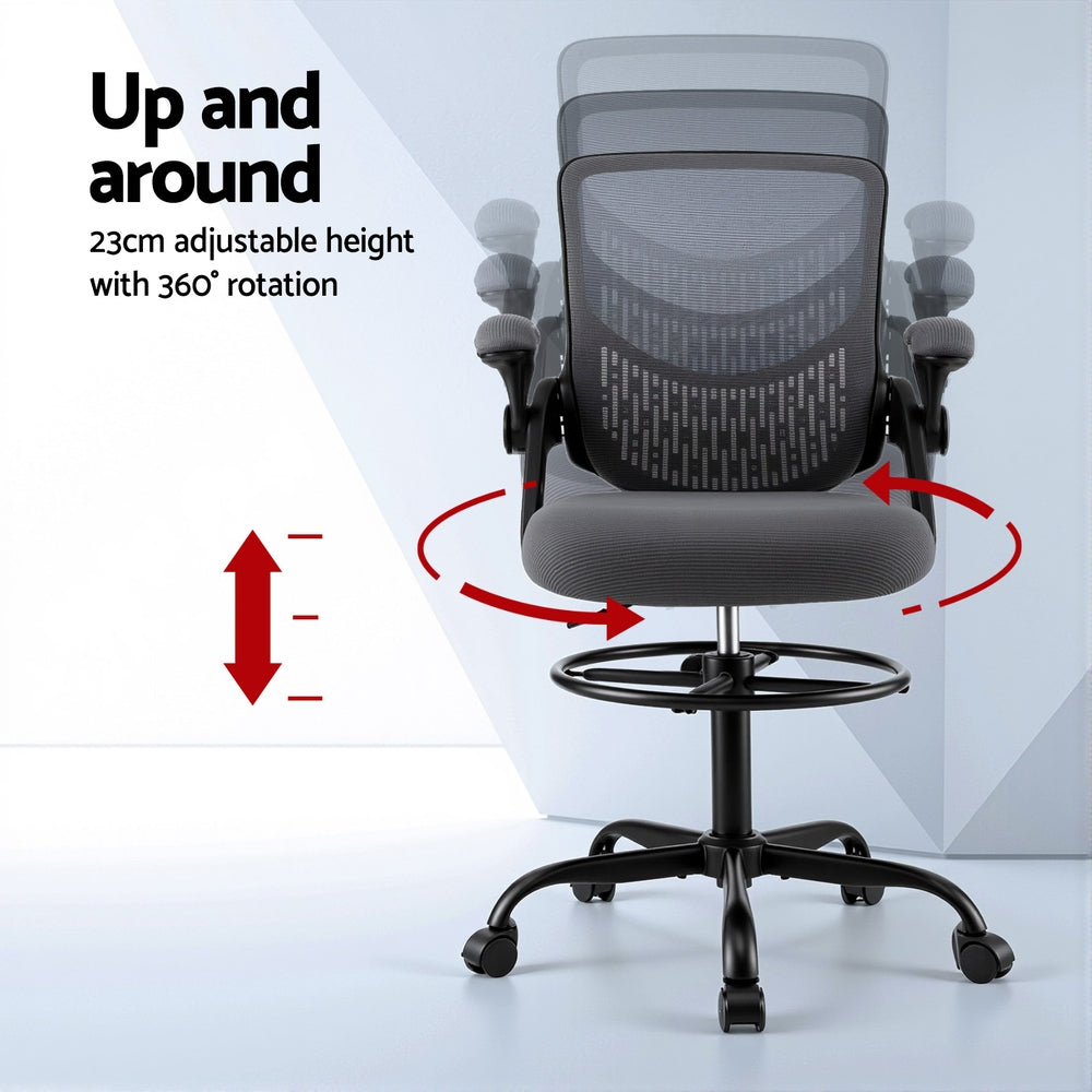 Grey mesh ergonomic drafting chair with adjustable footrest armrests and chrome swivel base — view 4