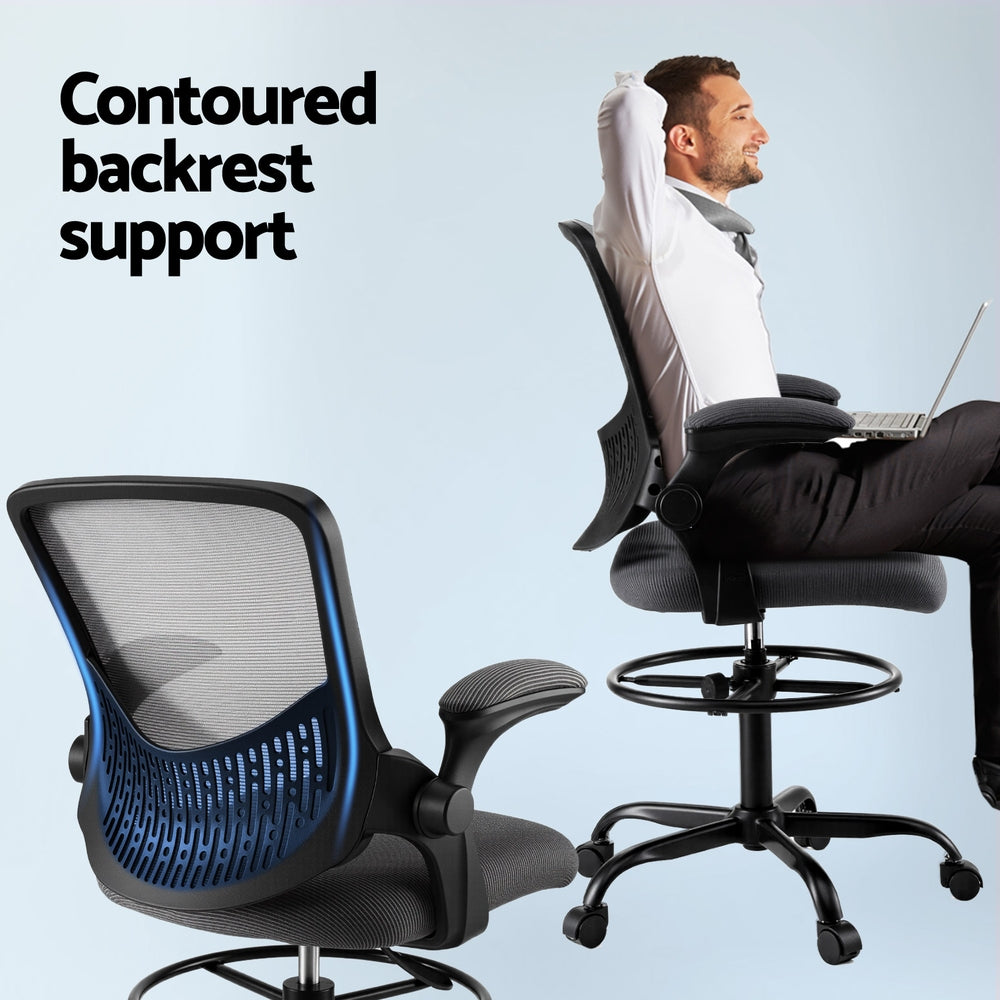Grey mesh ergonomic drafting chair with adjustable footrest armrests and chrome swivel base — view 5