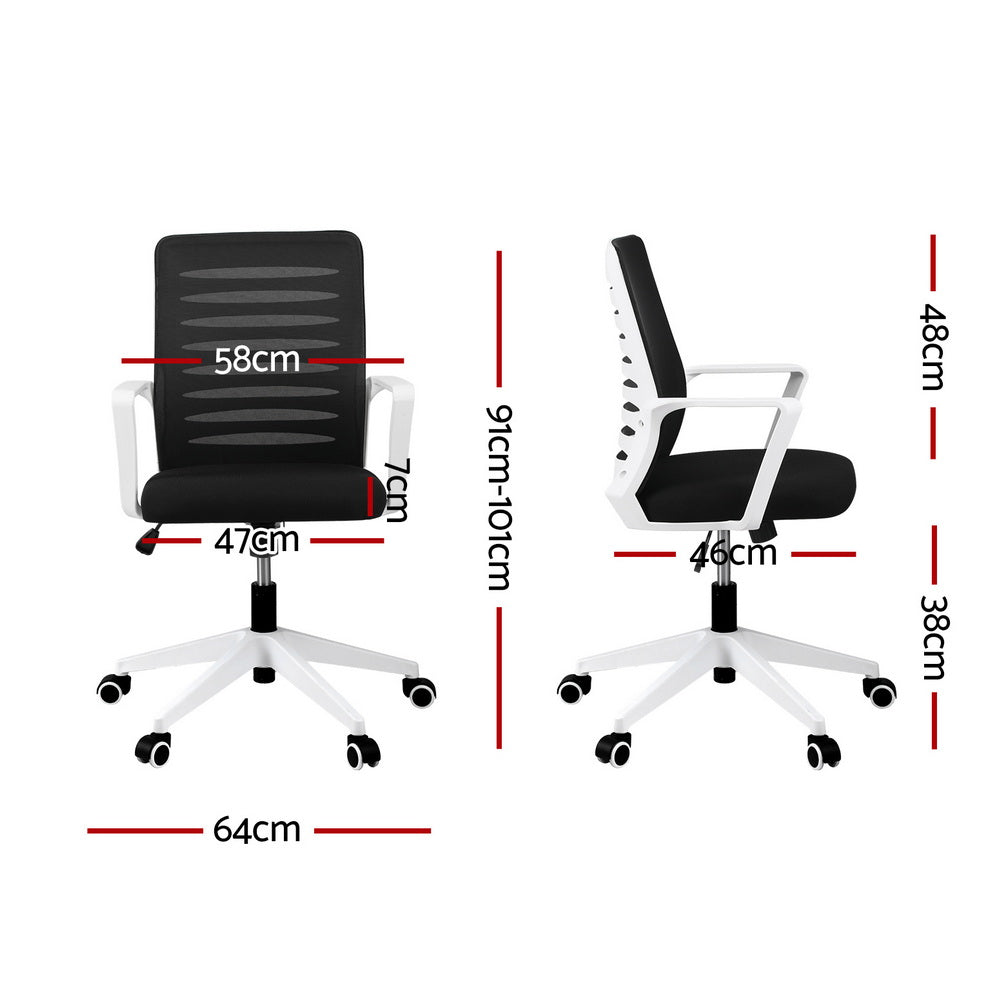 Artiss ergonomic mesh office chair in black and white with lumbar support and rolling castors — view 2