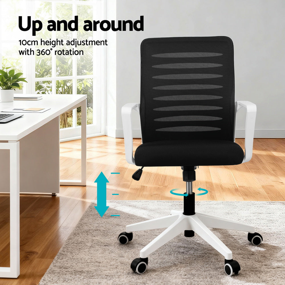 Artiss ergonomic mesh office chair in black and white with lumbar support and rolling castors — view 4