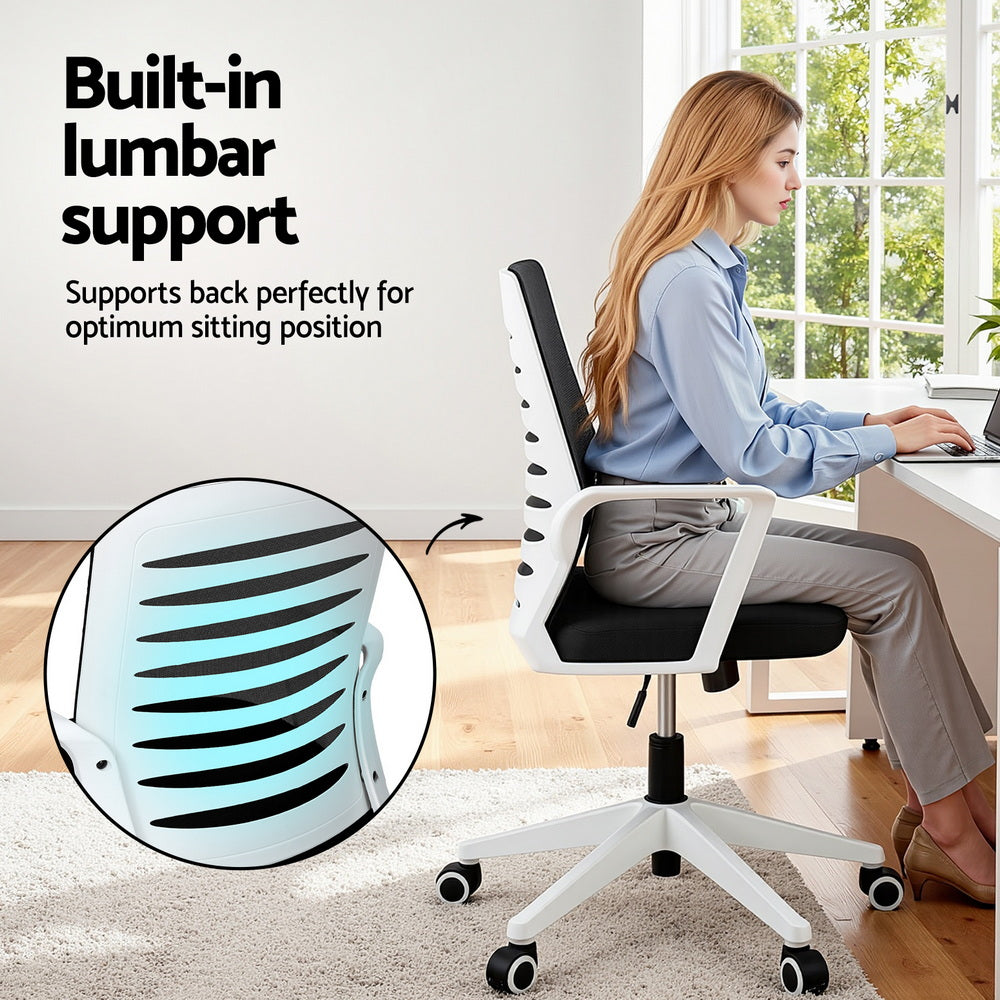 Artiss ergonomic mesh office chair in black and white with lumbar support and rolling castors — view 5