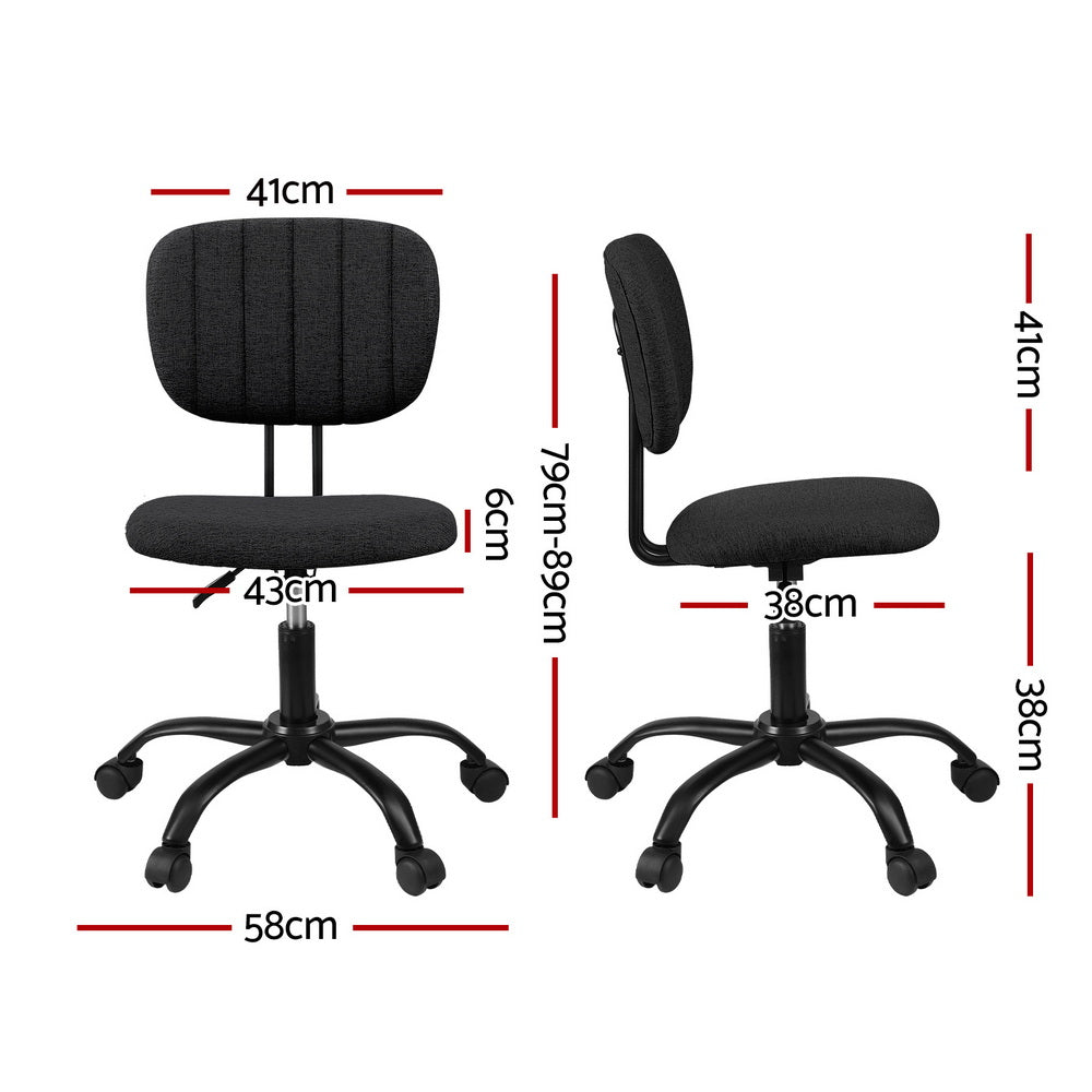 Black Artiss armless office chair with breathable fabric seat, metal base, and rolling castors — view 2