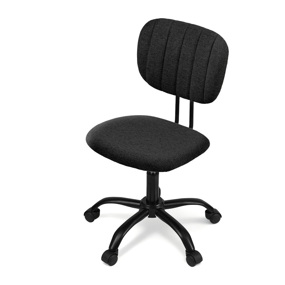 Black Artiss armless office chair with breathable fabric seat, metal base, and rolling castors — view 3