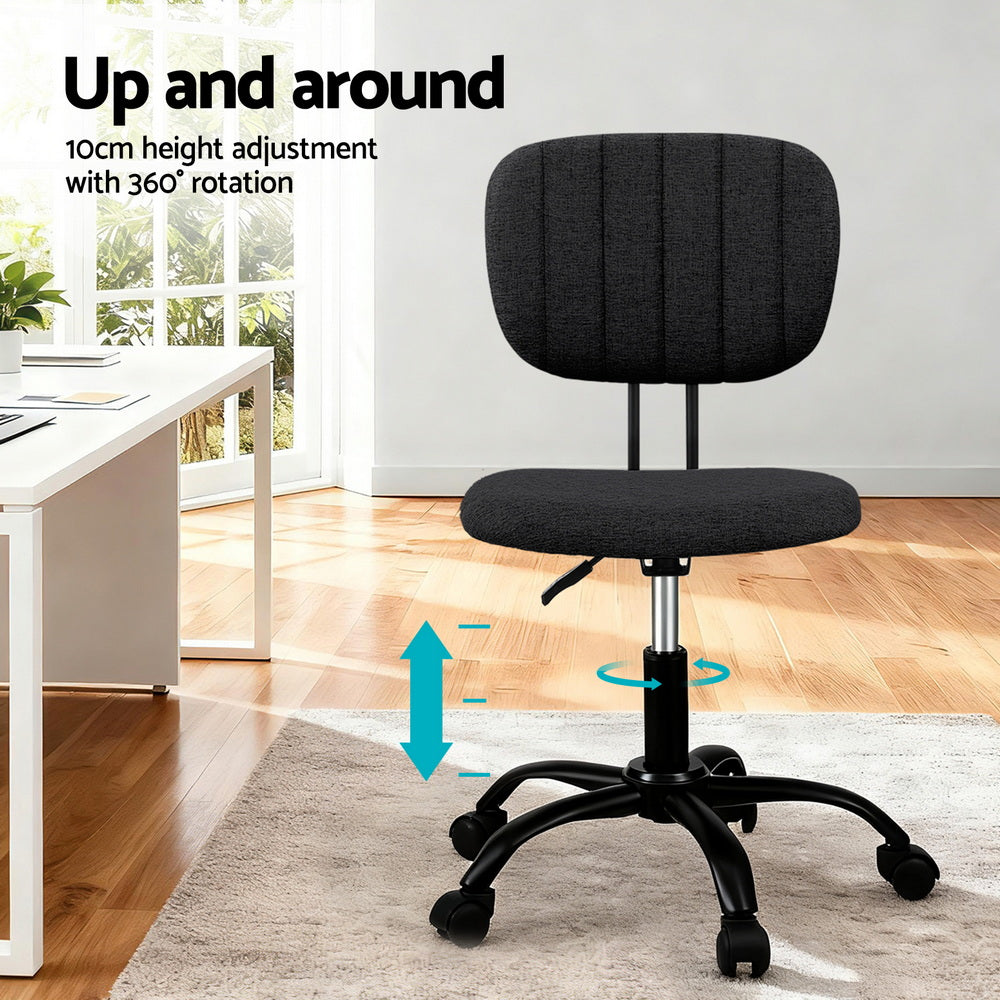 Black Artiss armless office chair with breathable fabric seat, metal base, and rolling castors — view 4