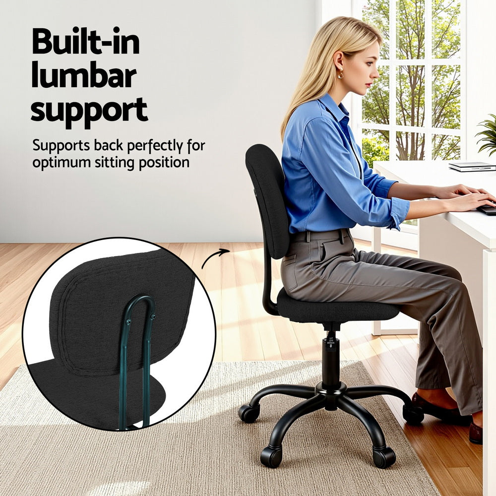 Black Artiss armless office chair with breathable fabric seat, metal base, and rolling castors — view 5