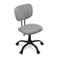 Grey fabric armless office chair with 360 degree swivel wheels and adjustable height metal base