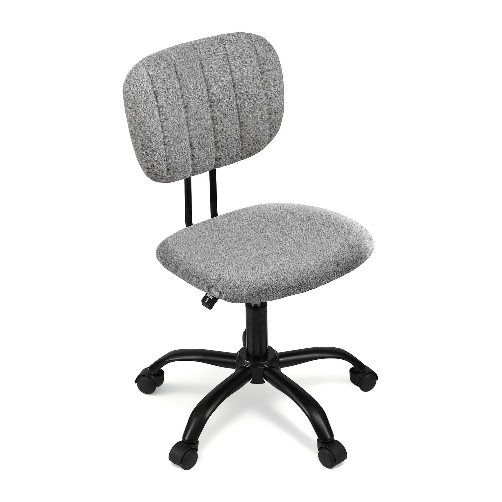 Grey fabric armless office chair with 360 degree swivel wheels and adjustable height metal base