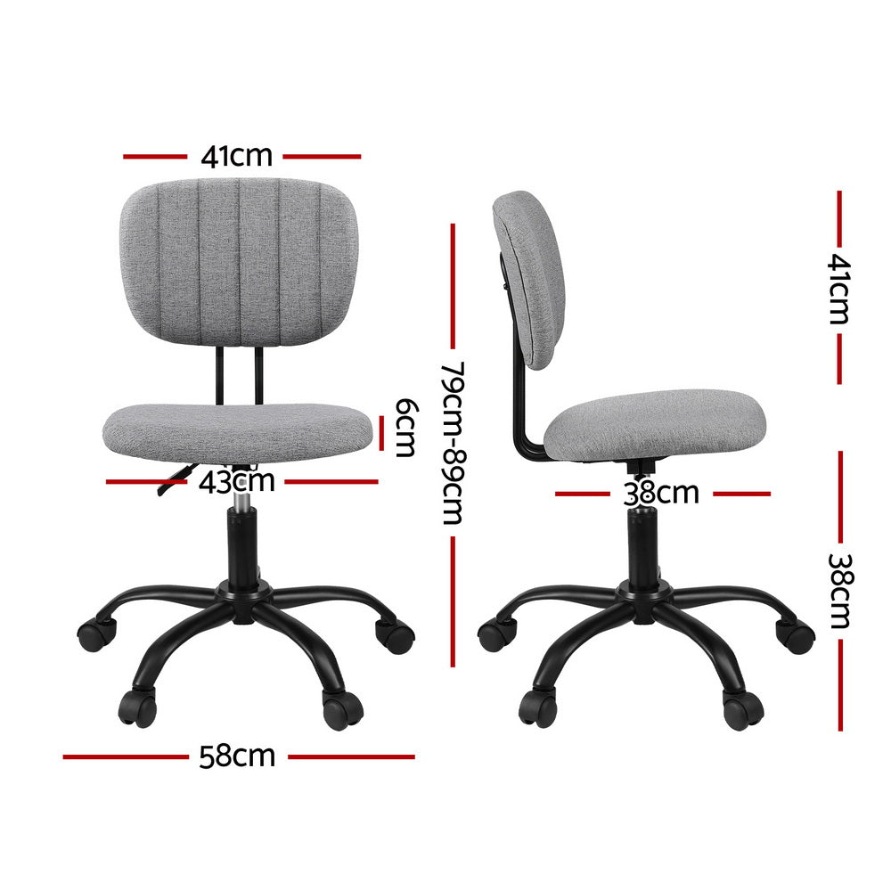 Grey fabric armless office chair with 360 degree swivel wheels and adjustable height metal base — view 2