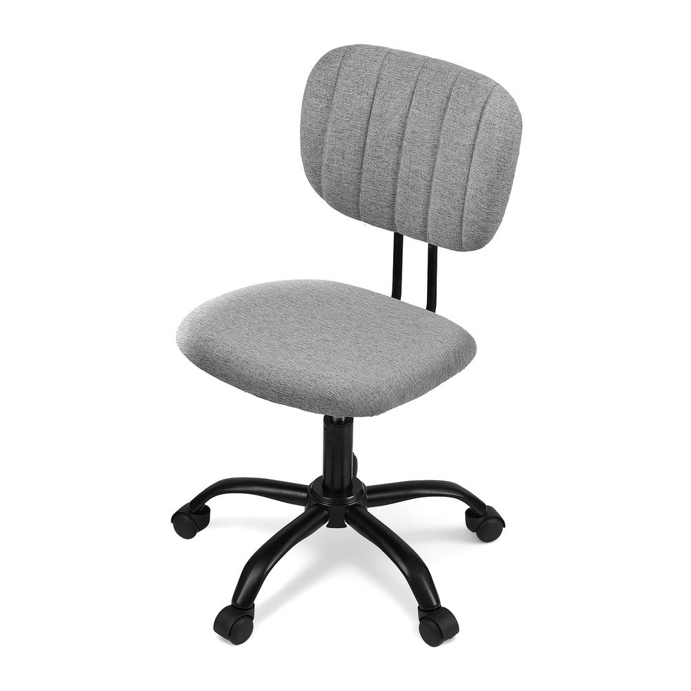 Grey fabric armless office chair with 360 degree swivel wheels and adjustable height metal base — view 3