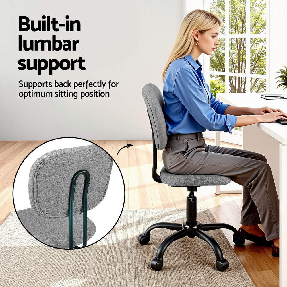 Grey fabric armless office chair with 360 degree swivel wheels and adjustable height metal base — view 5