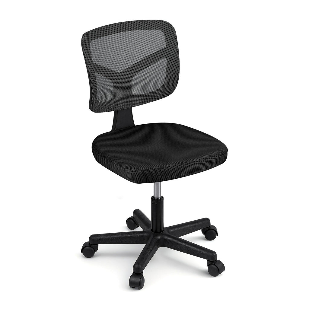 Black armless office chair with breathable mesh back and rolling castors for small workspaces