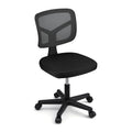Black armless office chair with breathable mesh back and rolling castors for small workspaces